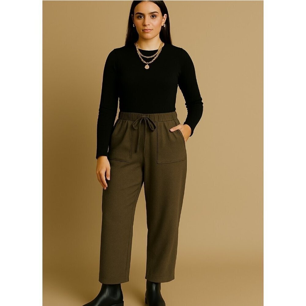 Moia wool blend pants womens brown drawstring elastic waist pockets Korean style